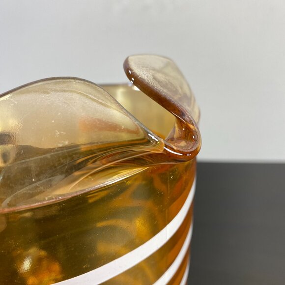 Vintage Amber Iridescent Carnival Glass Pitcher White Stripe Pattern Ice Lip - Picture 9 of 10